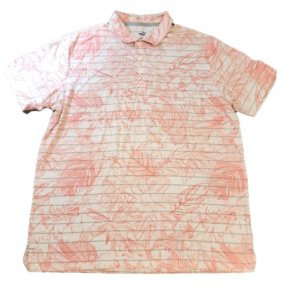 Puma Golf  Polo Shirt Mens L Tropical Palm‎ Print Golf Short Sleeve Collar Pink